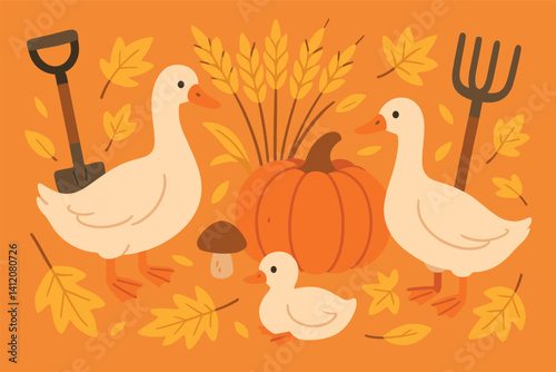 Whimsical autumn harvest with ducks and pumpkin for seasonal decor and design