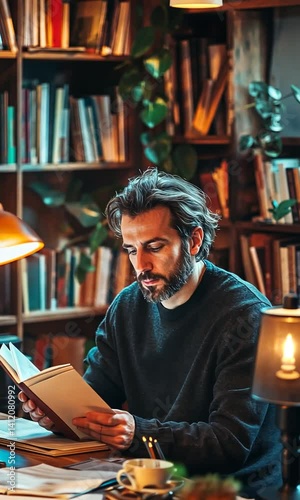 Man reading a book in a cozy library filled with books and warm lighting during evening