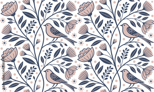 Seamless pattern with flowers, birds, leaves in pots. Creative floral texture. Great for fabric, textile Vector Illustration