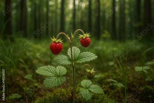 Strawberry Plant With Ripe Fruit Growing in a Lush Forest During Late Spring