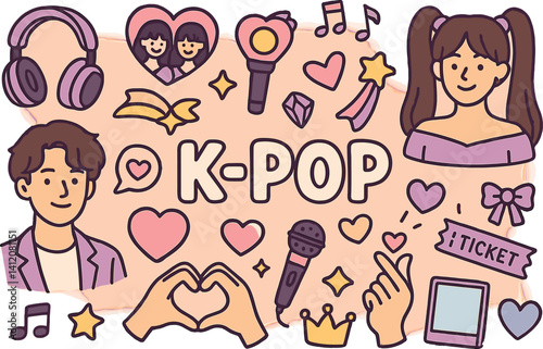K pop icon set featuring various symbols including music, fashion, and fun designs