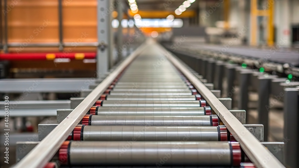 Fototapeta premium Tariff Wall Factory Relocation, Conveyor belt system in a warehouse, showcasing automation and logistics efficiency.