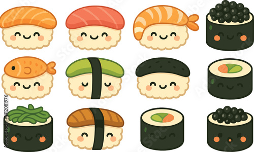 Cute sushi characters with happy expressions for fun design concepts