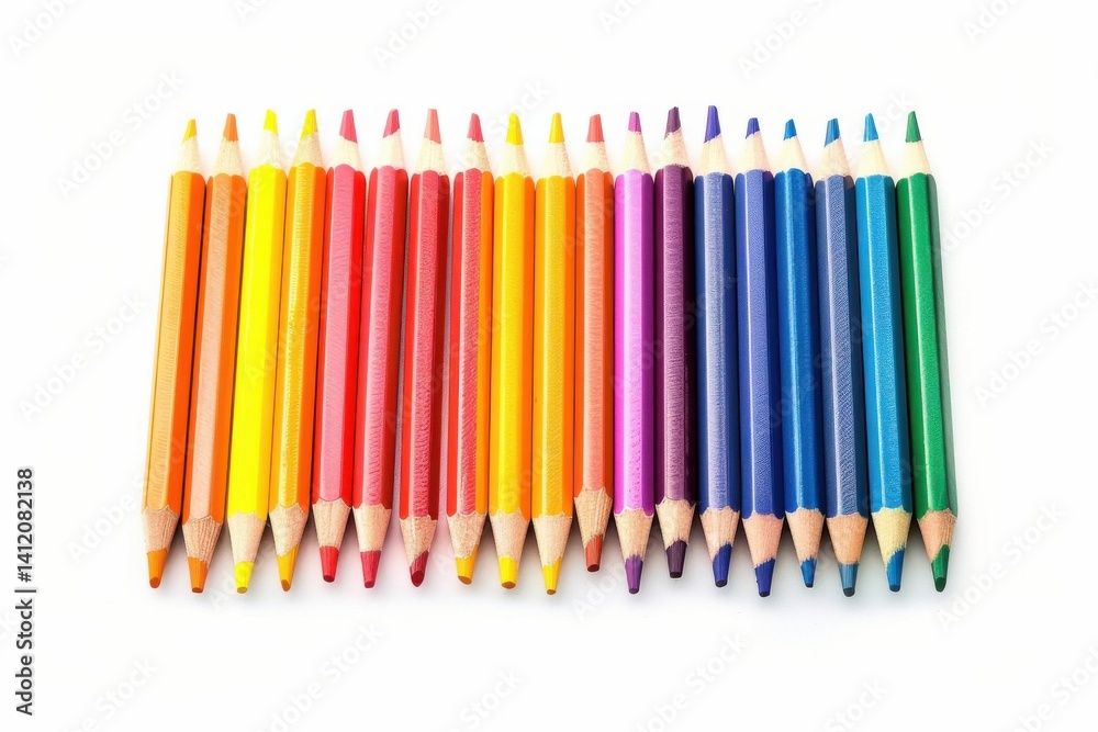Vibrant collection of colored pencils arranged in a beautiful spectrum on a clean, white background isolated on transparent background