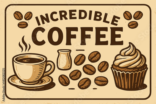 Retro coffee delight design featuring cupcake and beans for cafe decor