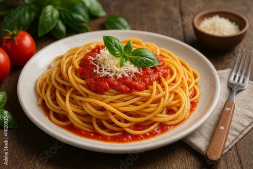Delicious Plate of Spaghetti With Tomato Sauce and Basil on Wooden Table