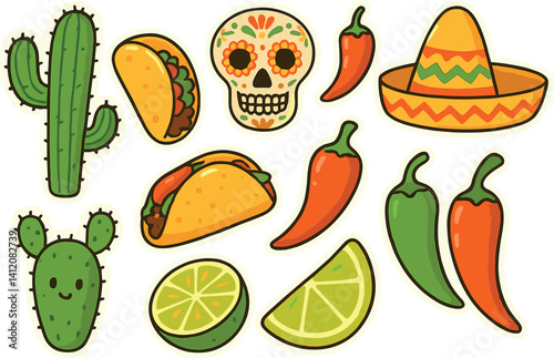 Festive cinco de mayo icons including sombrero, cactus, tacos, chili peppers, and sugar skull for celebration designs