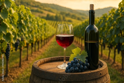 Elegant Wine Presentation in Vineyard at Sunset With Fresh Grapes and Barrel