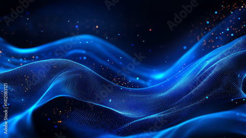 Futuristic abstract tech background with flowing data streams, binary code particles, and a dark blue cyber matrix theme. Perfect for sci-fi, tech, and digital projects