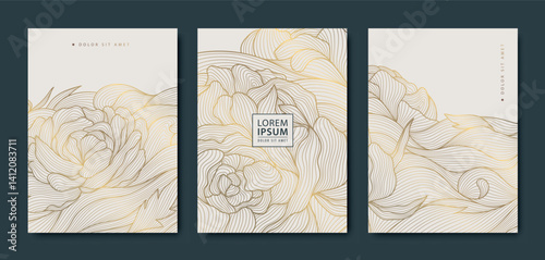 Vector set of floral gold line wavy covers, japanese luxury leaves and flowers ornament. Asian style spring background, greeting pattern.