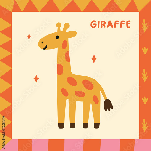 Cute giraffe cartoon in retro jungle style – African wildlife animal for children and baby room decor. Decor of wallpaper, walls, print and postcards