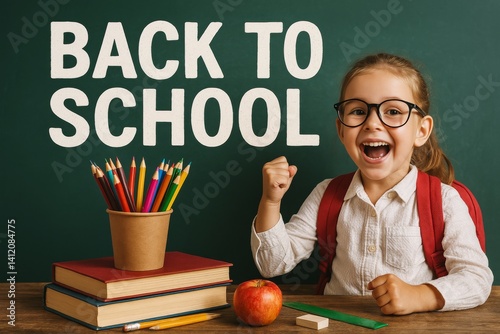 Excited Child Ready for Back to School With Books and School Supplies