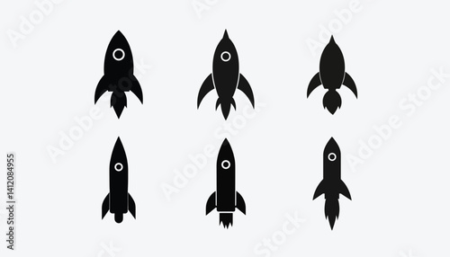 Rocket launch drawing set silhouette on white background