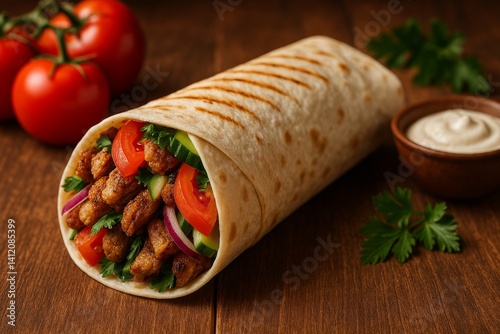 Freshly Made Wrap Filled With Grilled Meat, Vegetables, and Sauce on Wooden T...