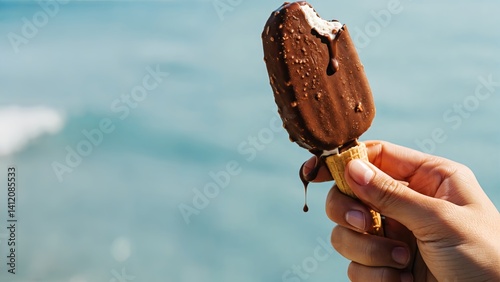 Melting Chocolate Almond Ice Cream Bar on a Sunny Day by the Water - Enjoying a Sweet Treat Outdoors.