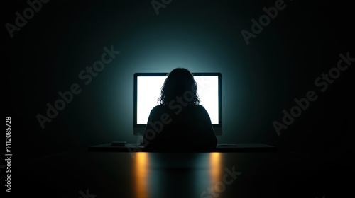 At a work desk, a person sits in darkness facing a glowing computer screen. The faint light casts shadows, creating a focused atmosphere in the late hours