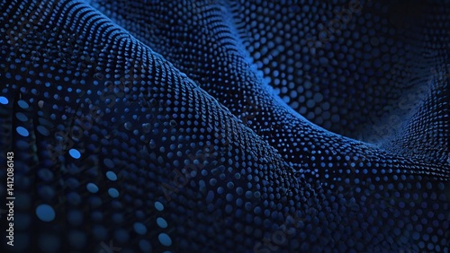 A blue abstract backdrop design features a halftone dot pattern with light waves