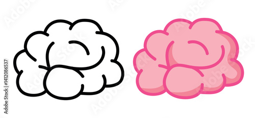 Simple Black and Pink Brain Illustration in Line Art and Filled Cartoon Icon
