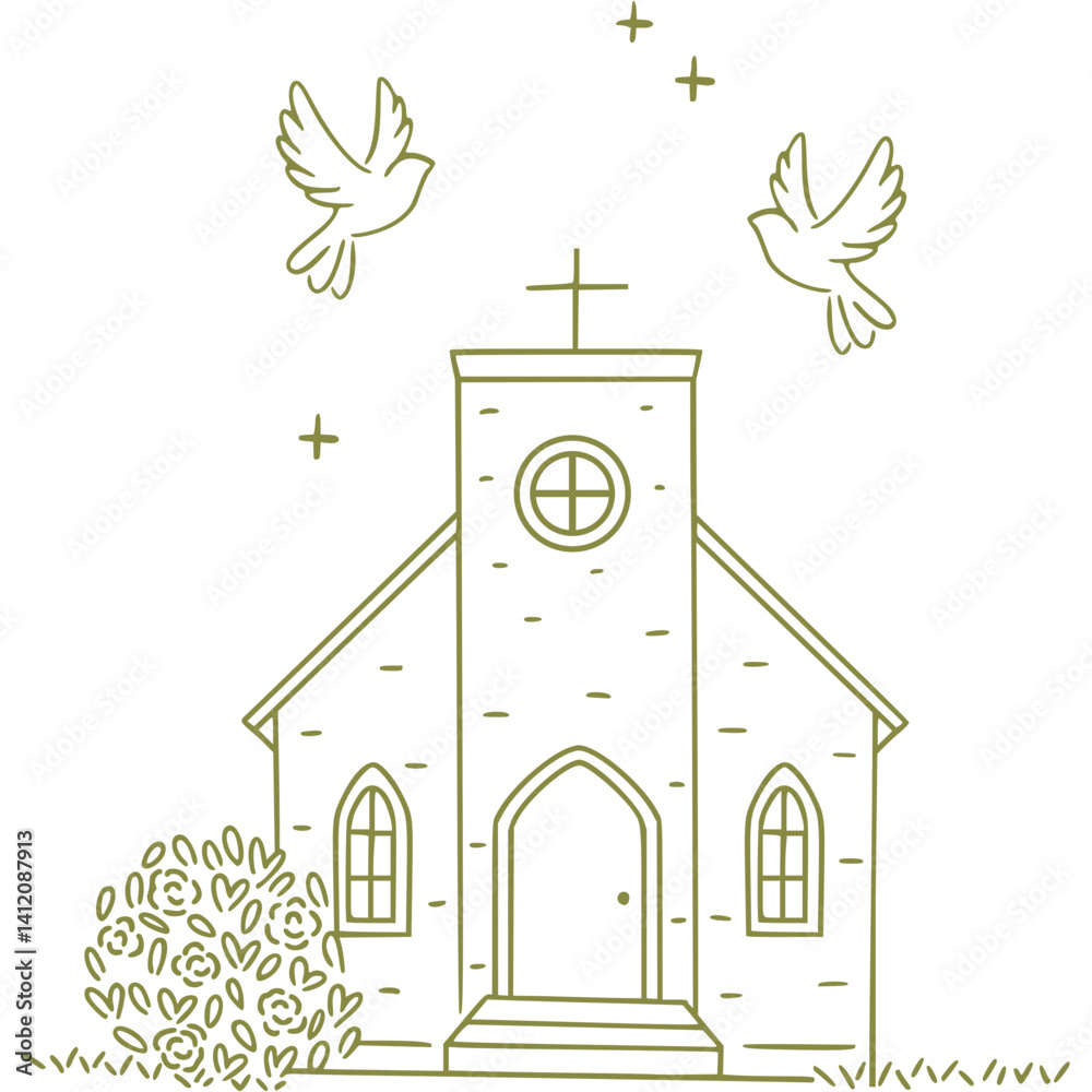Naklejka premium Hand Drawn First Holy Communion Church Outline Illustration Vector Coloring