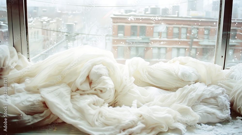 Serene Winter Still Life: White Fabrics in a Window Overlooking Snowy Urban Scene Serene Winter Still Life: White Fabrics in a Window Overlooking Snowy Urban Scene