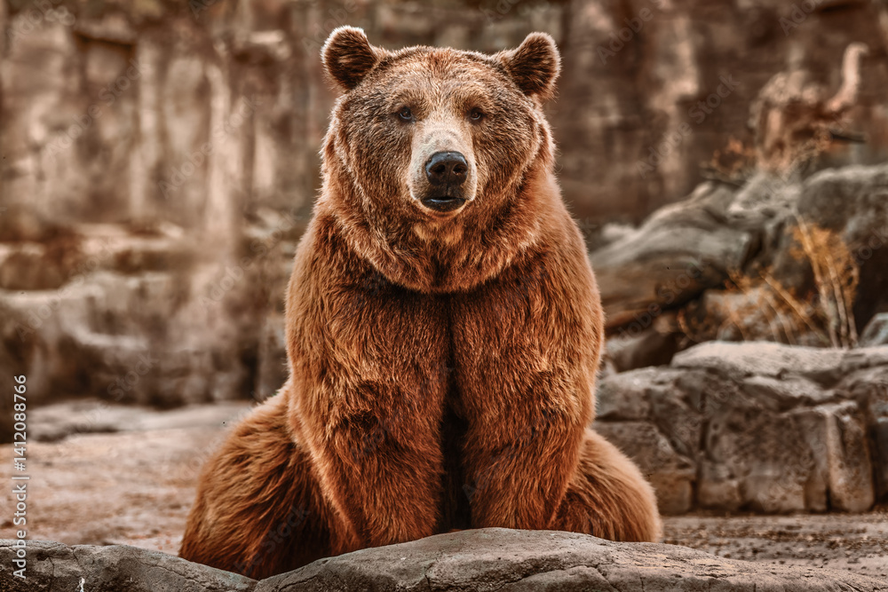 Fototapeta premium Brown bear sitting in its rocky habitat, looking at the camera