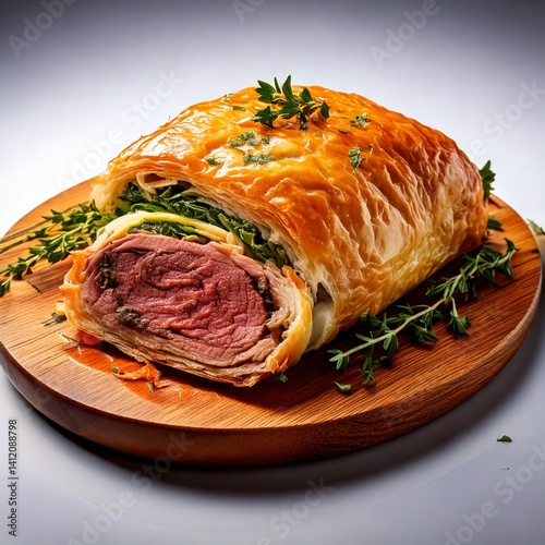 Delicious freshly baked beef wellington with sprig of rosemary  photo