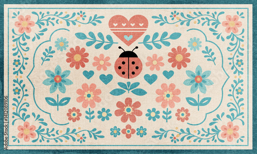 A charming flat folk art rug design with flowers, hearts, and a cute ladybug in pastel teal and coral tones. Ideal for children’s decor, textiles, and prints.