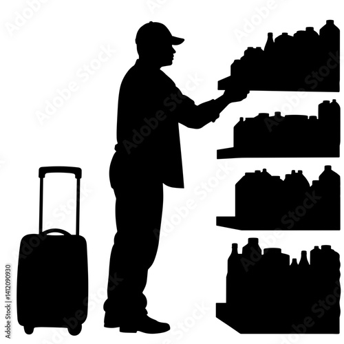 Silhouette of part-time worker restocking shelves, dedication to tasks