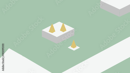 Serene golden pyramids nestled on a soft sage green landscape, minimalist geometric art.