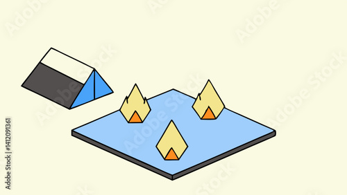 Three fiery peaks ablaze on a tranquil blue island near a solitary, dark-roofed house with a bright blue triangular addition. Simple geometric shapes create a serene yet intense scene.