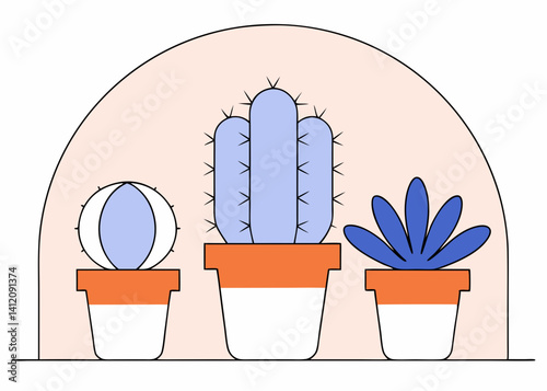 Three potted succulents thriving in a minimalist, pastel-colored indoor garden, showcasing a serene and calming atmosphere with simple line art and a muted color palette.