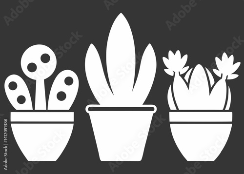 Three potted plants, a whimsical succulent, a tall elegant plant, and a quirky spotted plant, all in simple white silhouettes against a dark grey background.