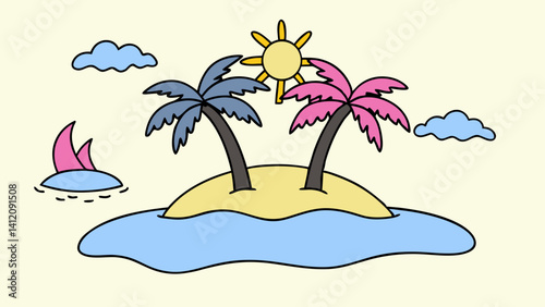 A blissful tropical escape featuring a sunny island paradise with two vibrant palm trees, a sailboat gently gliding by, and soft pastel colors.