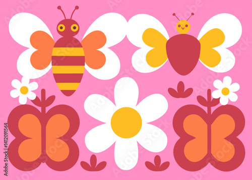 A cheerful bee and butterflies frolicking amidst daisies in a vibrant retro garden scene with a pink background and bold shapes.