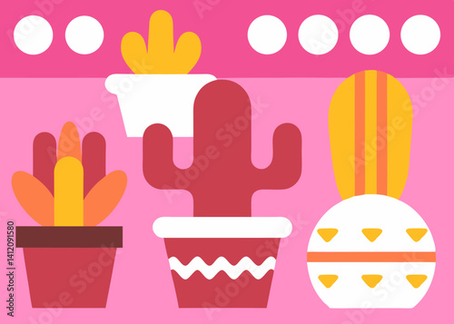A cheerful collection of potted succulents and cacti thriving in a vibrant pink room, showcasing bold colors and simple shapes.