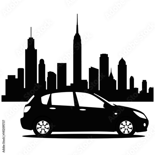 Silhouette of electric vehicle against cityscape, urban sustainability