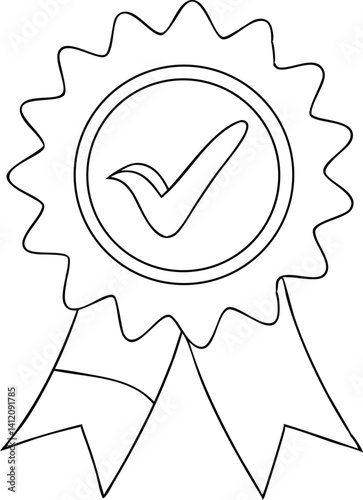 Elegant quality check ribbon vector in continuous line art—ideal for excellence award graphics, branding seals, verified product icons, trusted service illustrations, and printable success ribbons