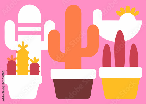 A cheerful desert garden thrives in vibrant pink, showcasing diverse cacti and succulents in playfully simple pots.