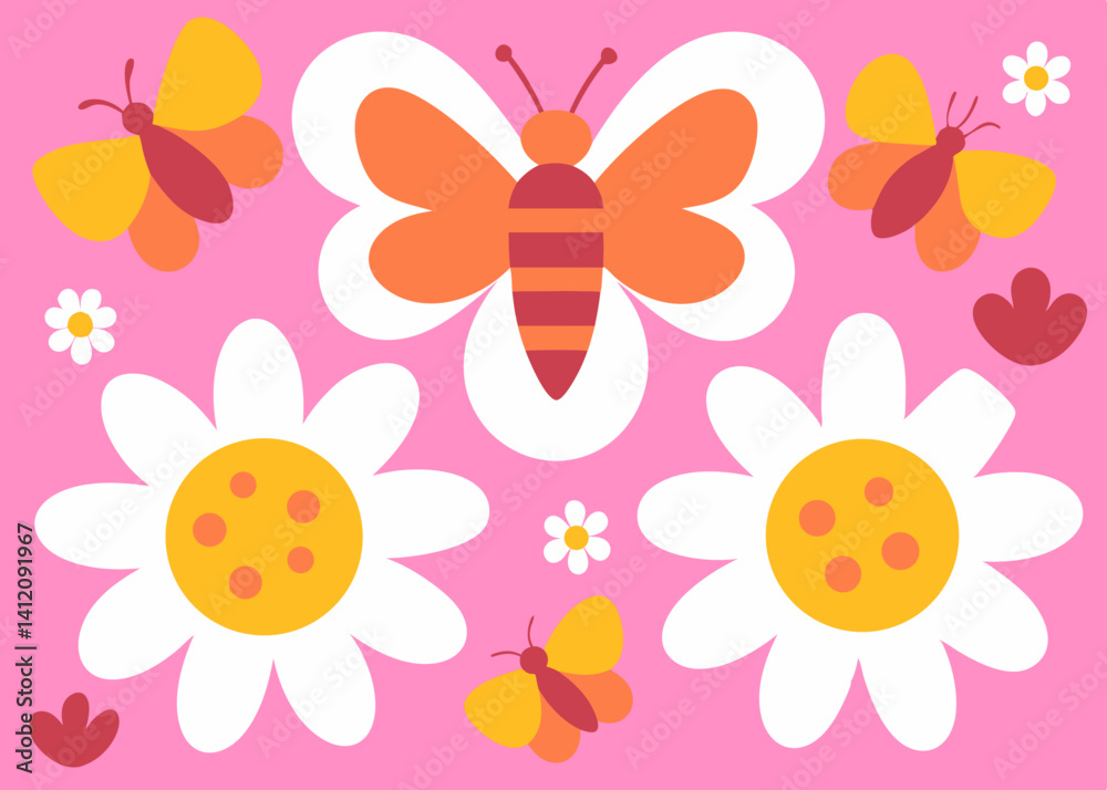 A cheerful springtime meadow bursts with vibrant butterflies and daisies, a joyful celebration of nature's beauty in a playful, retro style. A cheerful springtime meadow bursts with vibrant butterflies and daisies, a joyful celebration of nature's beauty in a playful, retro style.