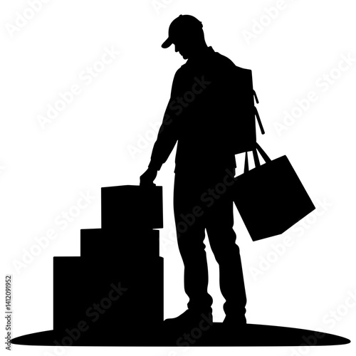 Silhouette of delivery person placing packages at doorstep, service