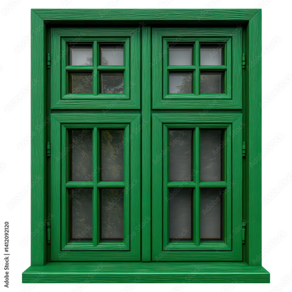 Green Wooden Window Frame with Four Panes and Nature View, isolated on transparent background. Green Wooden Window Frame with Four Panes and Nature View, isolated on transparent background.