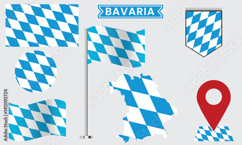 Bavaria Flag Icon Set, Vector Map, Badge, Pin & Waving Flag Collection
