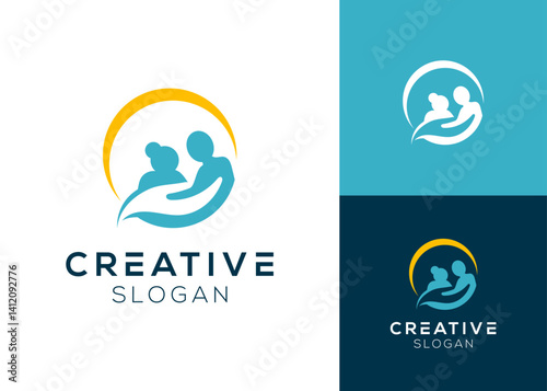 Senior living or elderly, nursing hands, and sun logo design for nursing home