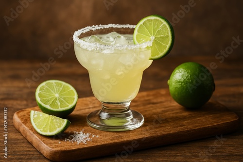 Refreshing Margarita Served on a Wooden Platter With Lime Wedges in a Cozy Se...