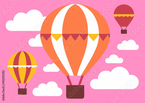 A whimsical hot air balloon adventure soaring through a pastel pink sky, adorned with fluffy white clouds and vibrant colors.