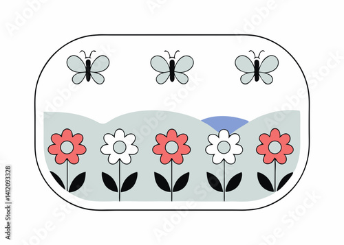 A whimsical springtime scene with delicate butterflies fluttering above a cheerful garden of red and white flowers, in a minimalist, rounded frame with soft pastel colors.