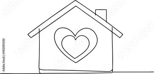 Minimalist continuous line art of a cozy house with a heart symbol and a round window – elegant home and love-themed vector for modern decor, printables, housewarming gifts, or SVG crafts