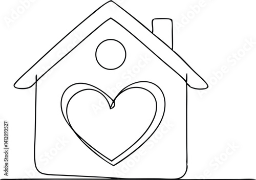 Modern vector line art of a large home featuring two layered hearts inside – clean minimalist house love design ideal for family SVGs, Valentine’s prints, home decor projects, or housewarming gifts