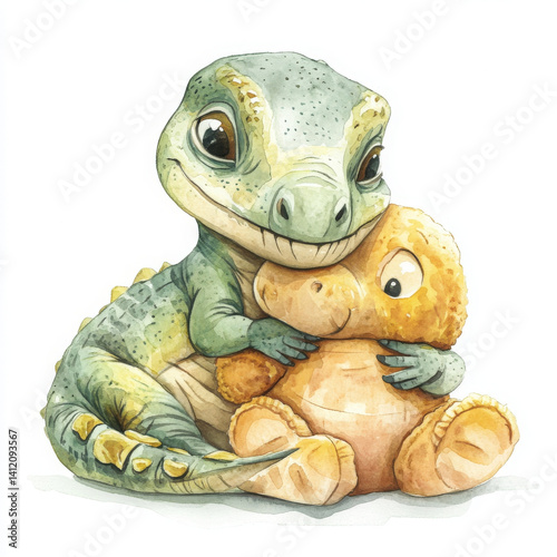 Cute dinosaur and stuffed toy are hugging with happy expression
