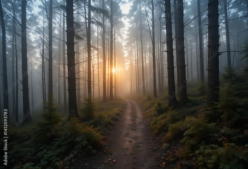 Naklejka premium Misty Forest Path: Golden Hour Sunrise Landscape Photography